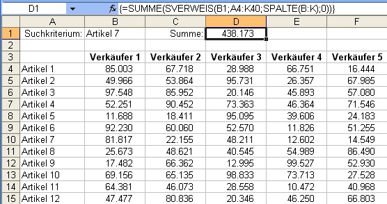 Summe für einen Artikel über Excel-Matrixformel